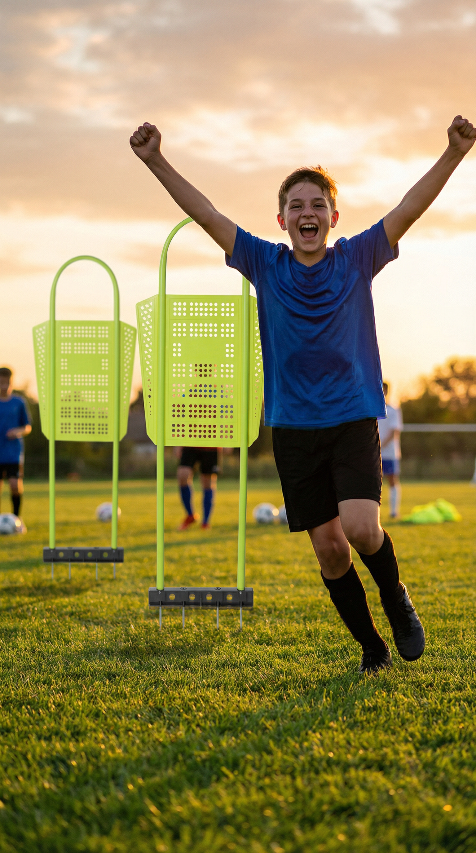 Soccer Player Doing drills with yellow soccer mannequin
