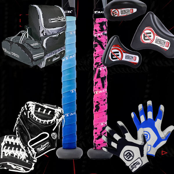 A collection of baseball and softball gear displayed against a dark background