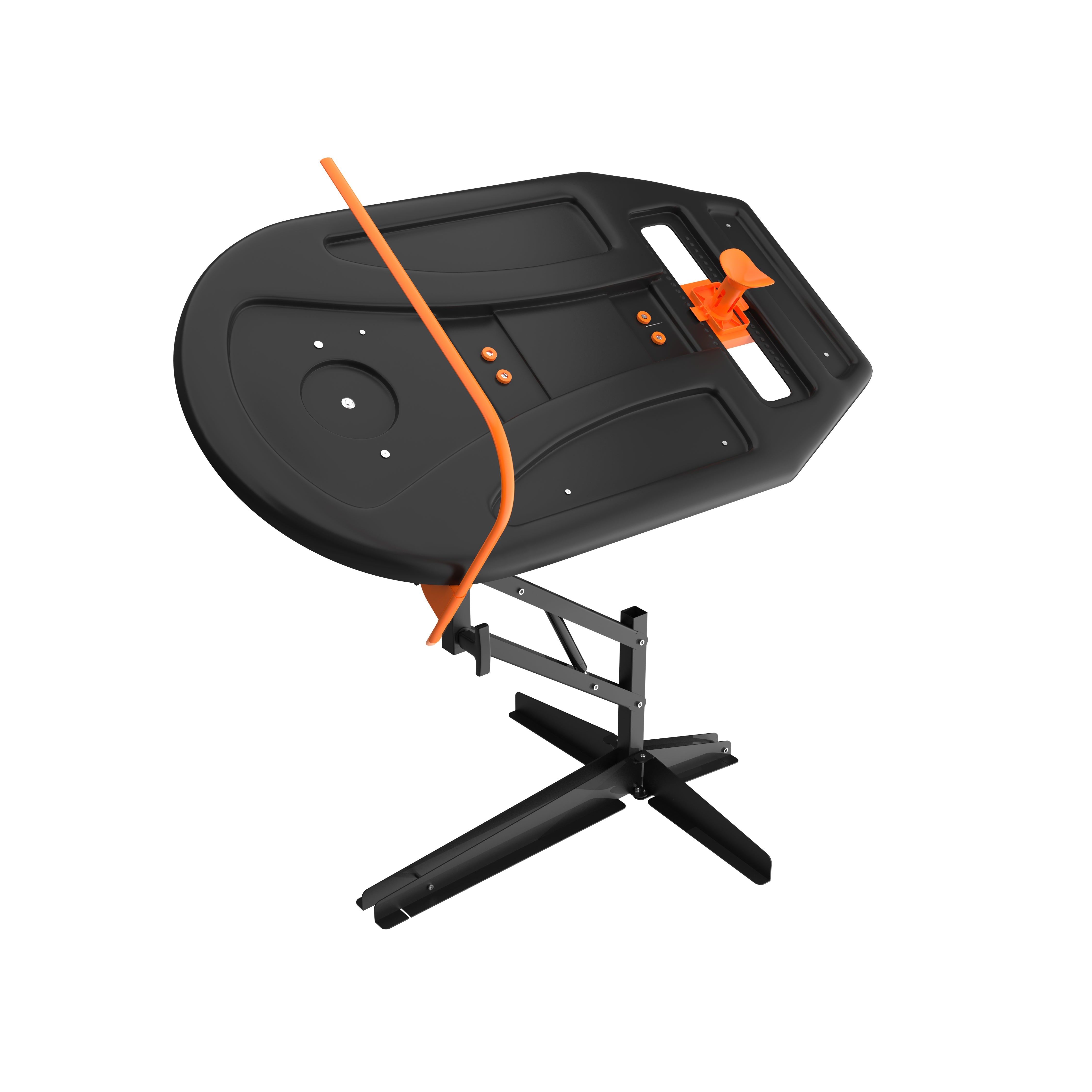 Black and orange adjustable stand on a white background for hitting baseballs and softballs