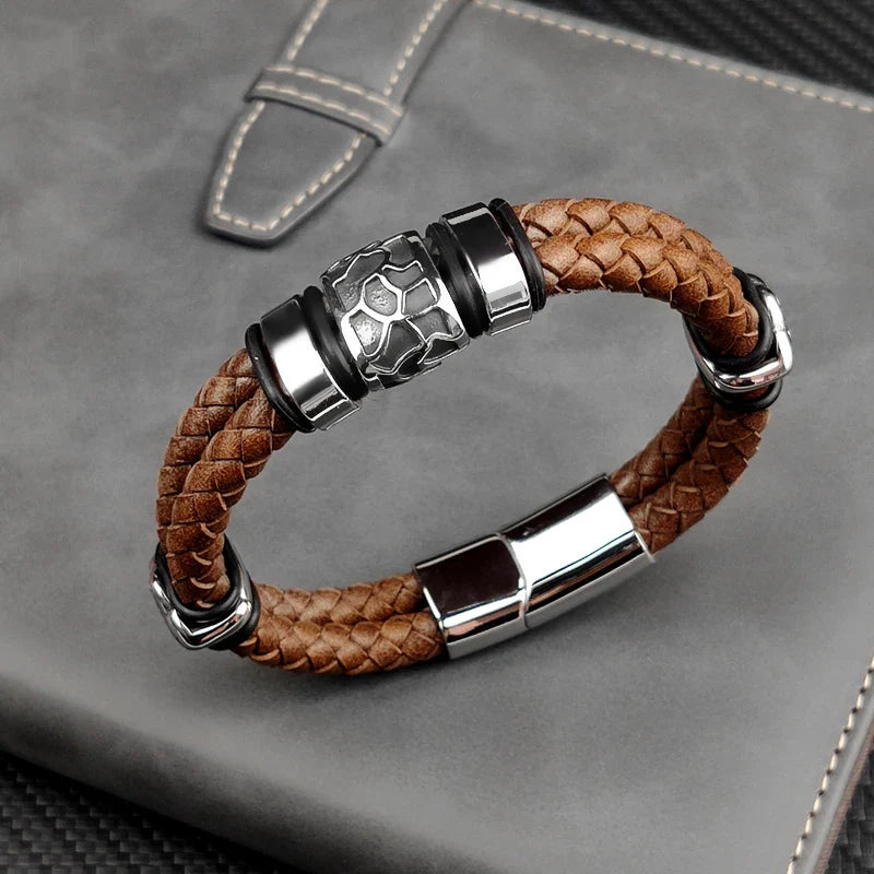 Brown Luxury 316L Stainless Steel Irregularly Cracked Man Bracelet Genuine Braided Leather Men's Jewelry