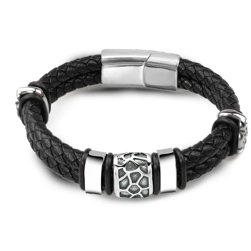 Brown Luxury 316L Stainless Steel Irregularly Cracked Man Bracelet Genuine Braided Leather Men's Jewelry Items