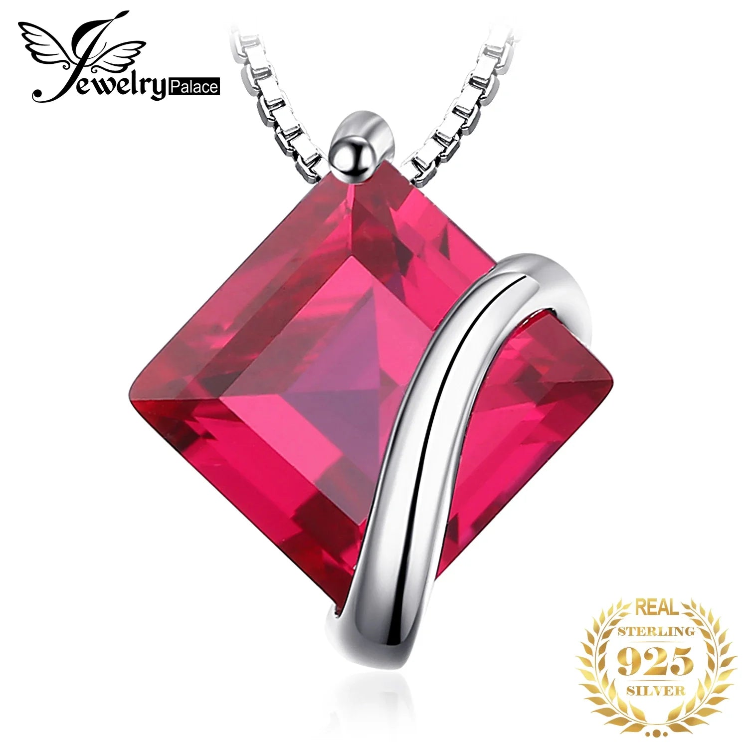 JewelryPalace Square Created Red Ruby 925 Sterling Silver Pendant Necklace Gemstones Choker Statement Necklace Without Chain