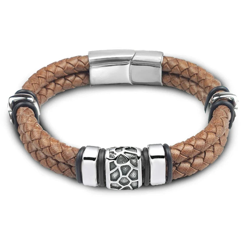 Brown Luxury 316L Stainless Steel Irregularly Cracked Man Bracelet Genuine Braided Leather Men's Jewelry