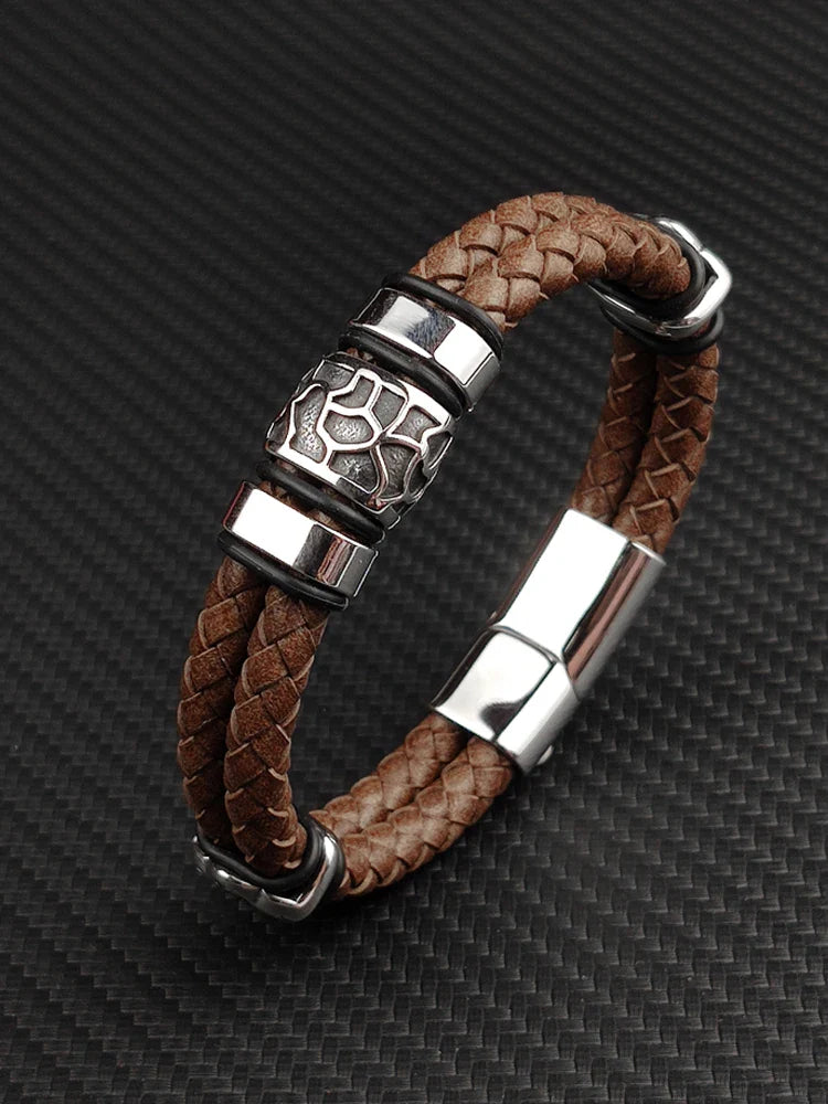 Brown Luxury 316L Stainless Steel Irregularly Cracked Man Bracelet Genuine Braided Leather Men's Jewelry Items