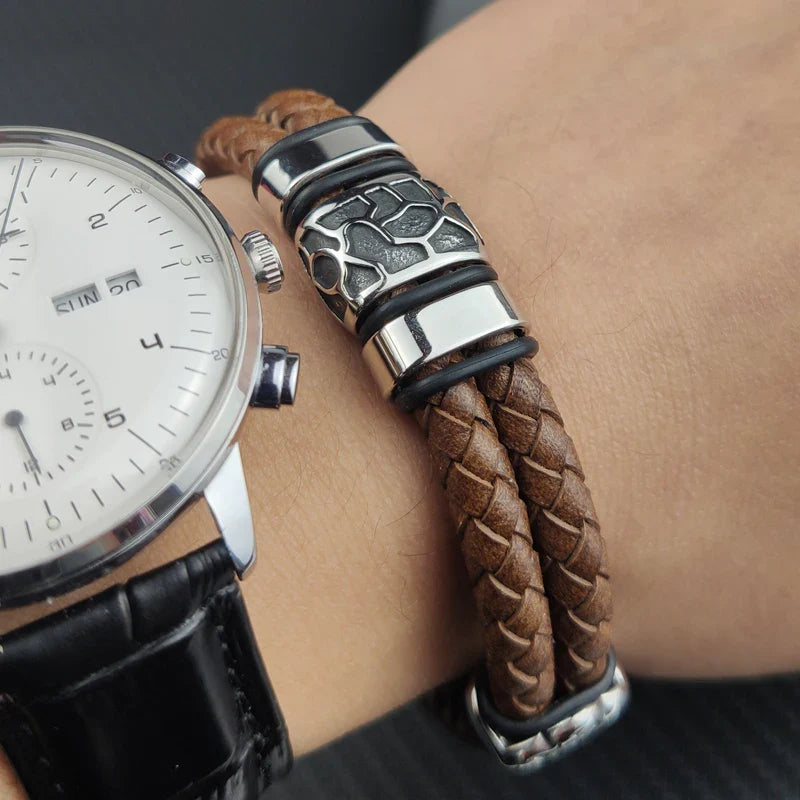 Brown Luxury 316L Stainless Steel Irregularly Cracked Man Bracelet Genuine Braided Leather Men's Jewelry