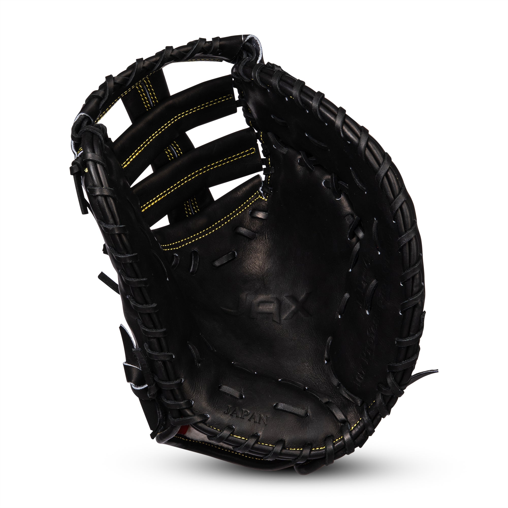 Black baseball glove with brand logo on a white background