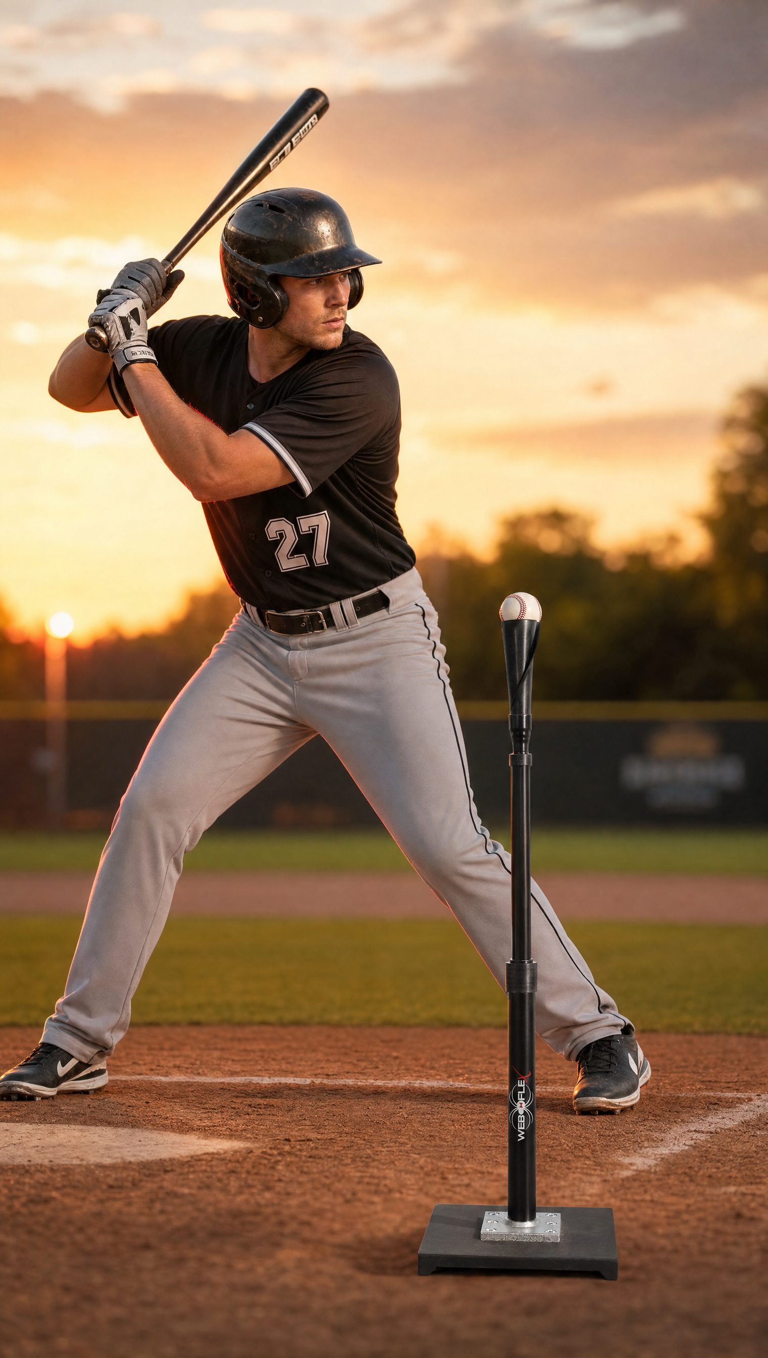 Baseball player hitting off of a web flex sports spider series tee