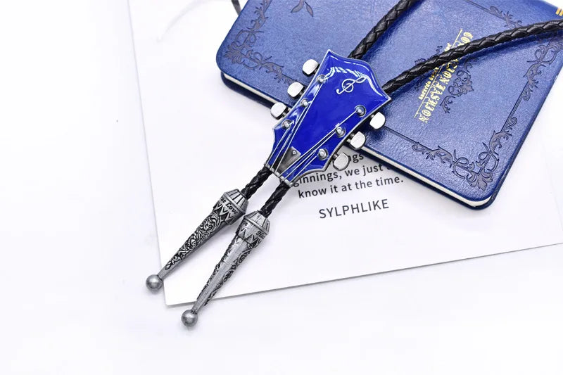 Popular guitar instrument genuine leather polo tie pendant necklace,adjustable,oil dripping technique,gift for music enthusiasts