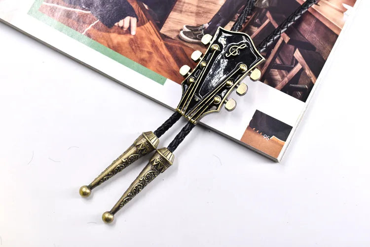 Popular guitar instrument genuine leather polo tie pendant necklace,adjustable,oil dripping technique,gift for music enthusiasts