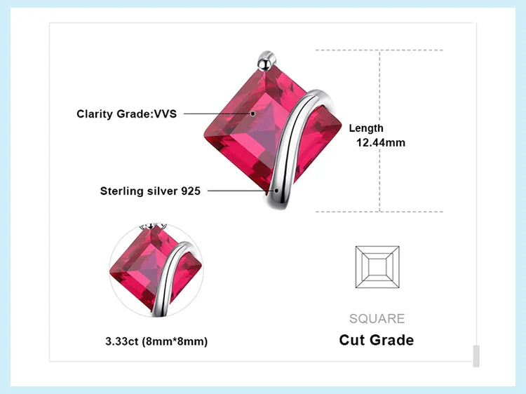 JewelryPalace Square Created Red Ruby 925 Sterling Silver Pendant Necklace Gemstones Choker Statement Necklace Without Chain