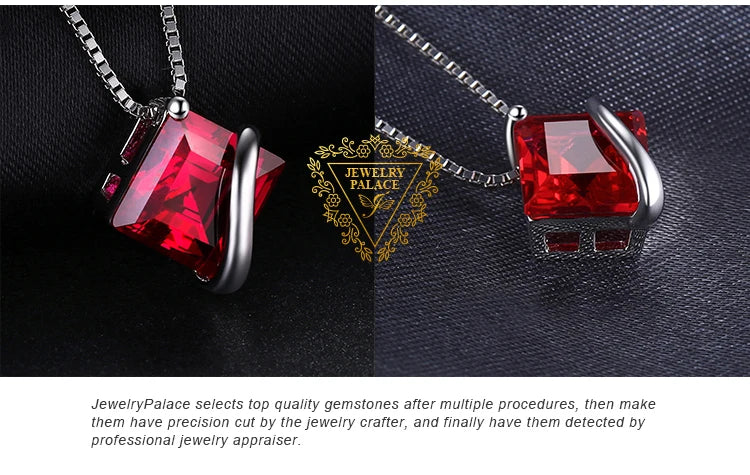 JewelryPalace Square Created Red Ruby 925 Sterling Silver Pendant Necklace Gemstones Choker Statement Necklace Without Chain