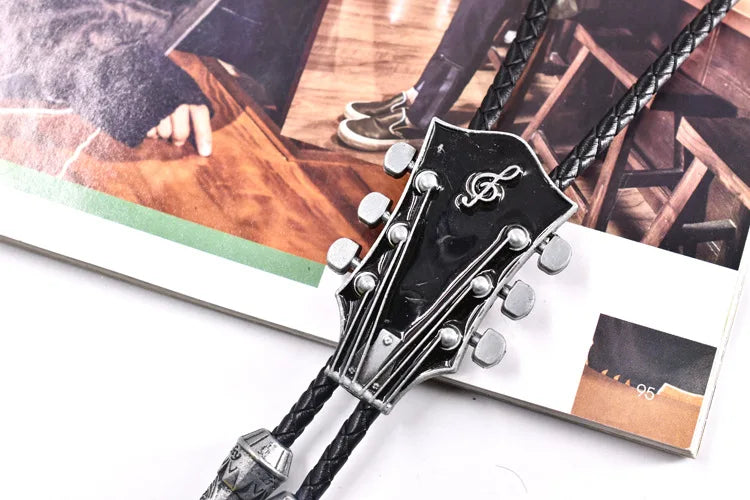 Popular guitar instrument genuine leather polo tie pendant necklace,adjustable,oil dripping technique,gift for music enthusiasts