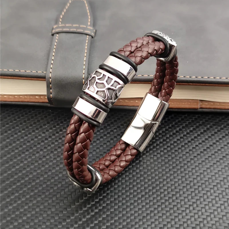 Brown Luxury 316L Stainless Steel Irregularly Cracked Man Bracelet Genuine Braided Leather Men's Jewelry Items