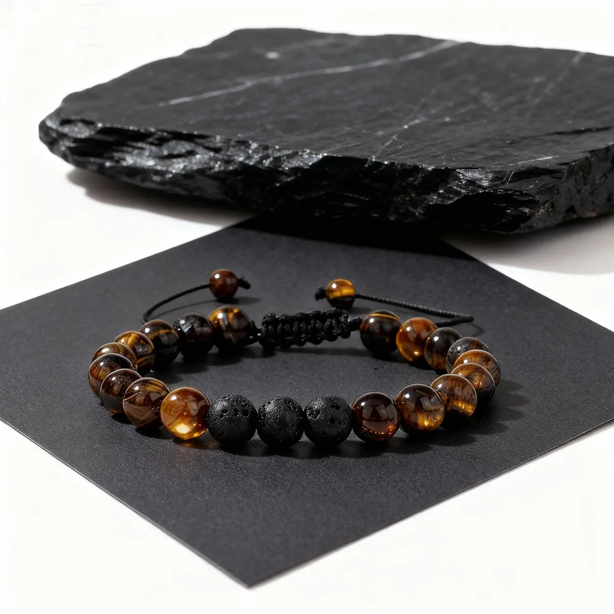 8MM Men Black Lava Beads Bracelet Tiger Eye Stone Adjustable Braided Rope Bangles For Couple Women Yoga Healing Jewelry Gift