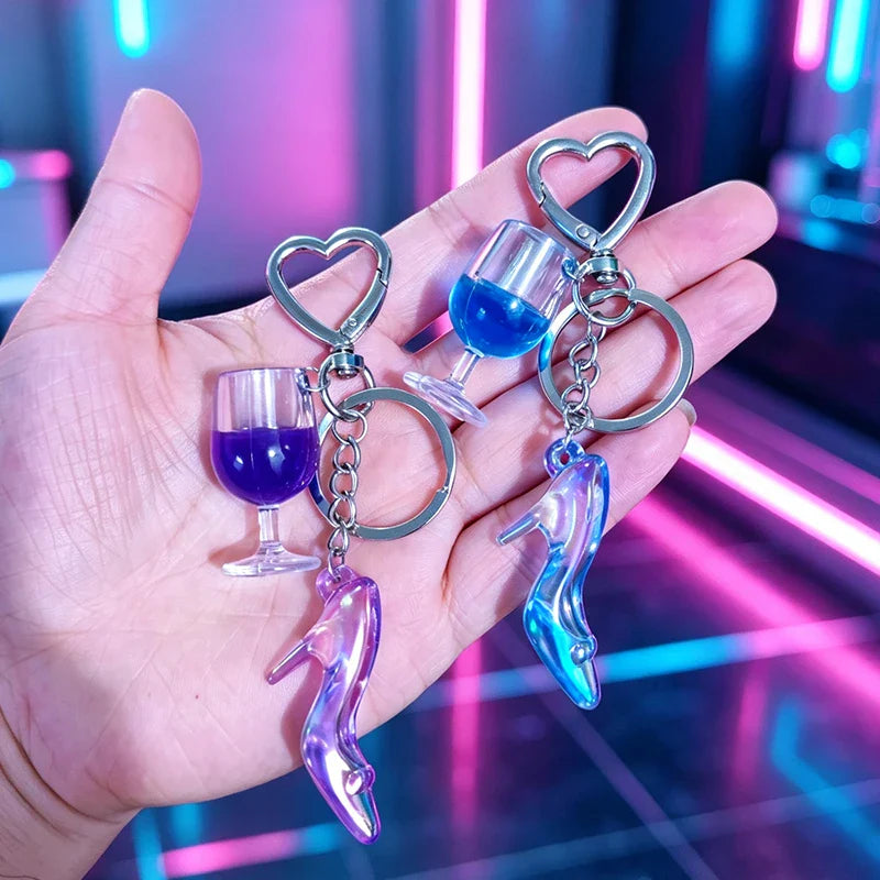 New Colorful Wine Glass High Heels Keychain Cute Laser Princess High Heels Acrylic Pendant with Heart shaped Buckle Suitable for
