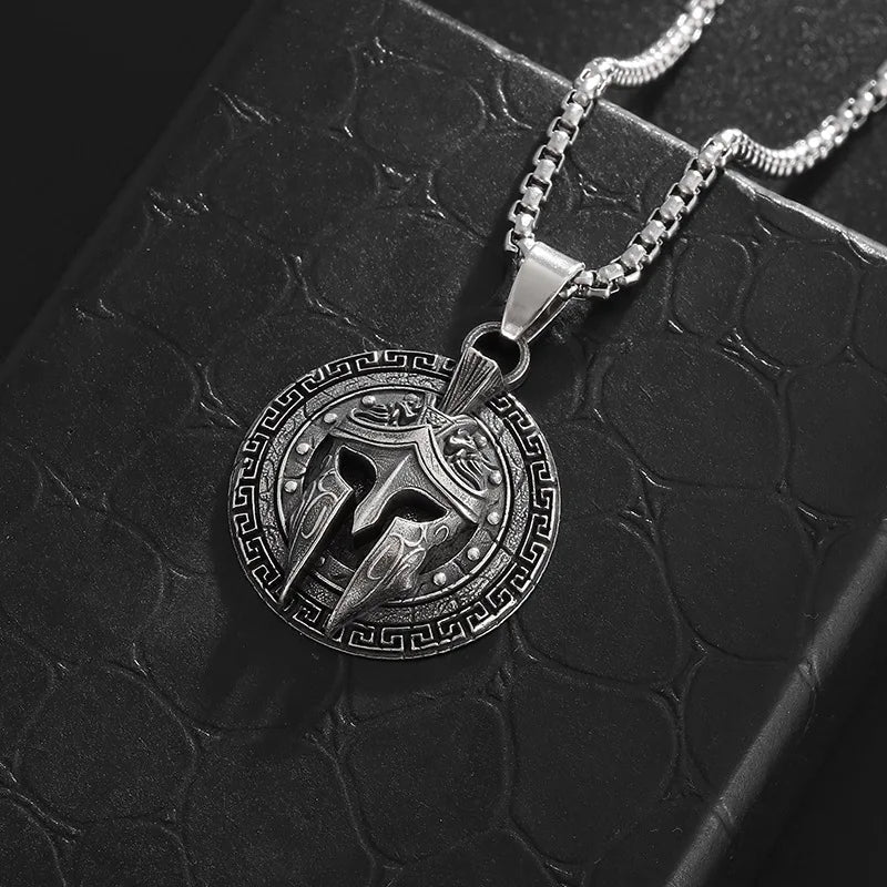 Vintage Ancient Greek Warrior Spartan Shield Pendant Necklace 316L Stainless Steel Men Personalized Punk Amulet Jewelry Gift