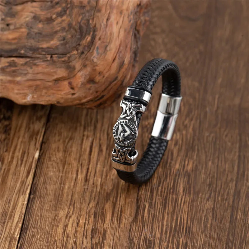 MKENDN Leather Braided Viking Bracelets for Men Boys Vintage Triangle Vegvisir Amulet Scandinavian Wrap Cuff Wirstband Bracelets