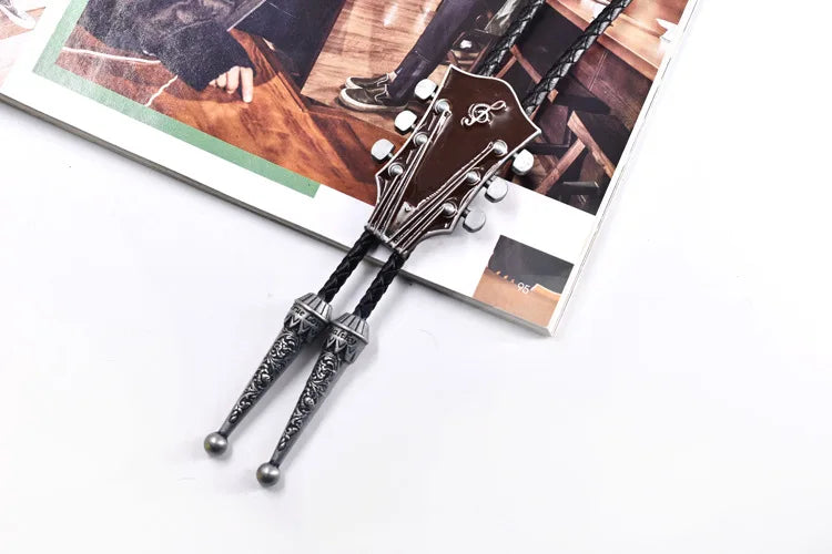 Popular guitar instrument genuine leather polo tie pendant necklace,adjustable,oil dripping technique,gift for music enthusiasts