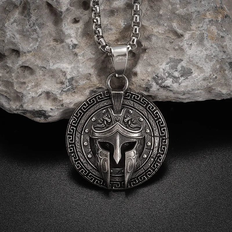 Vintage Ancient Greek Warrior Spartan Shield Pendant Necklace 316L Stainless Steel Men Personalized Punk Amulet Jewelry Gift