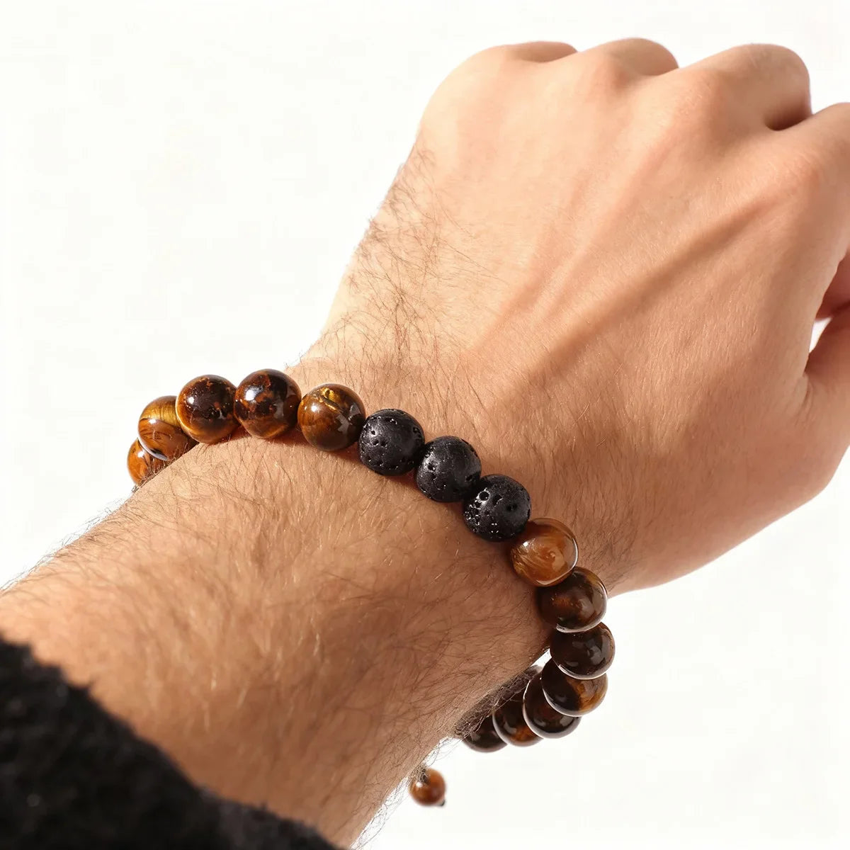 8MM Men Black Lava Beads Bracelet Tiger Eye Stone Adjustable Braided Rope Bangles For Couple Women Yoga Healing Jewelry Gift