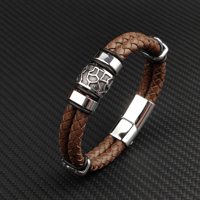 Brown Luxury 316L Stainless Steel Irregularly Cracked Man Bracelet Genuine Braided Leather Men's Jewelry Items