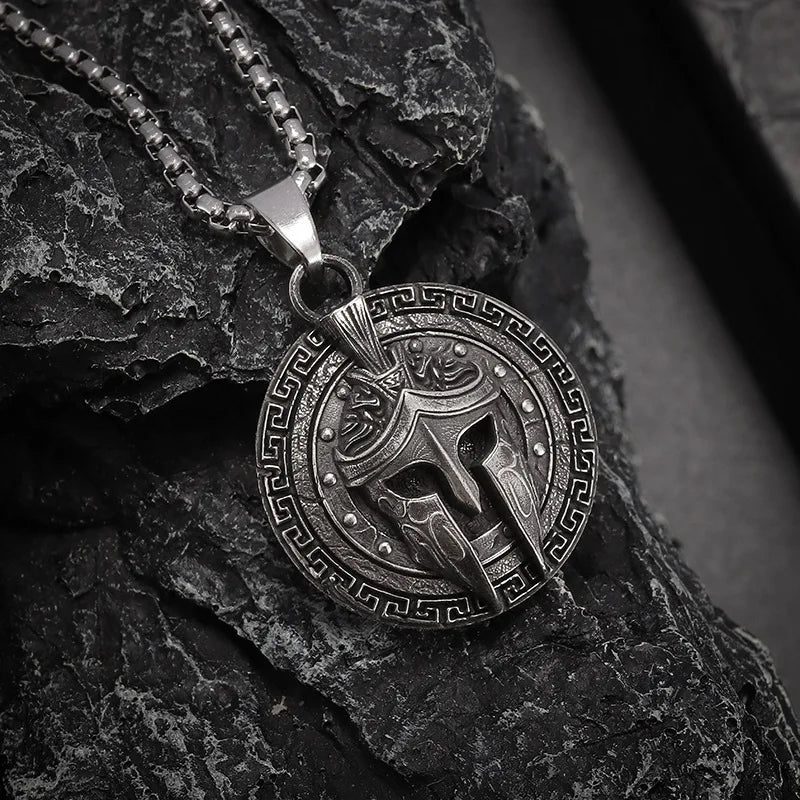Vintage Ancient Greek Warrior Spartan Shield Pendant Necklace 316L Stainless Steel Men Personalized Punk Amulet Jewelry Gift