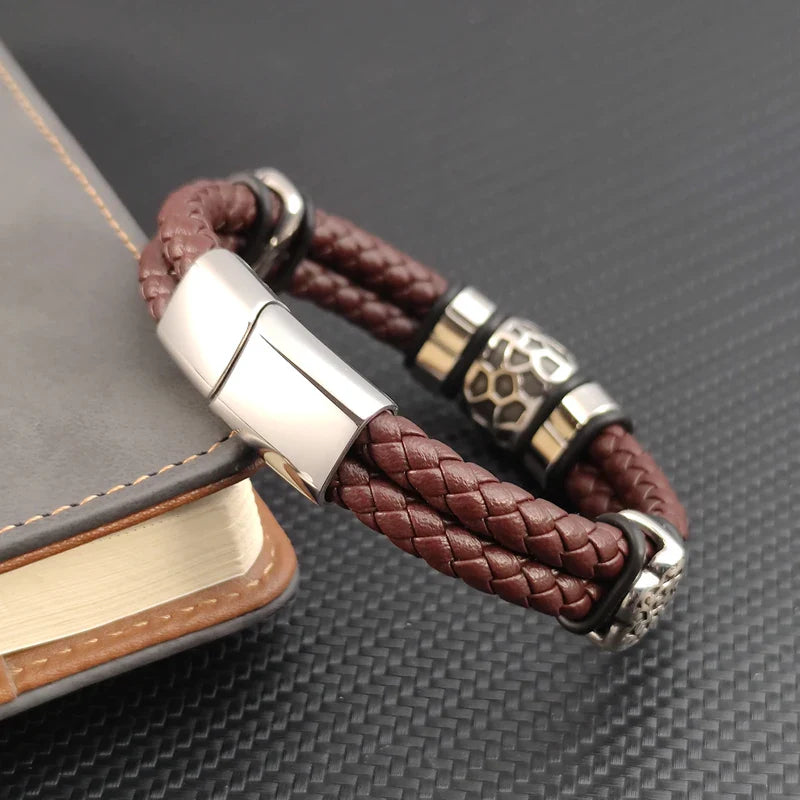 Brown Luxury 316L Stainless Steel Irregularly Cracked Man Bracelet Genuine Braided Leather Men's Jewelry Items
