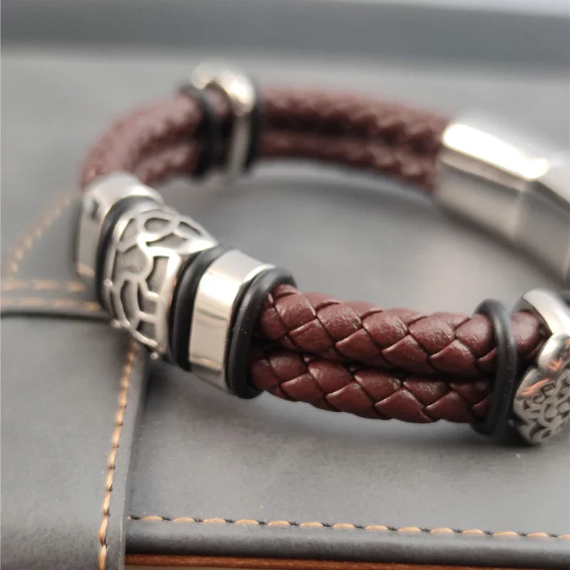 Brown Luxury 316L Stainless Steel Irregularly Cracked Man Bracelet Genuine Braided Leather Men's Jewelry