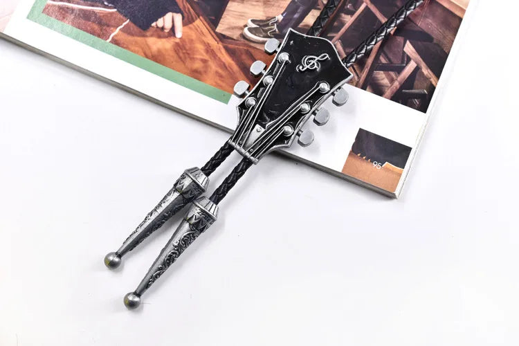 Popular guitar instrument genuine leather polo tie pendant necklace,adjustable,oil dripping technique,gift for music enthusiasts