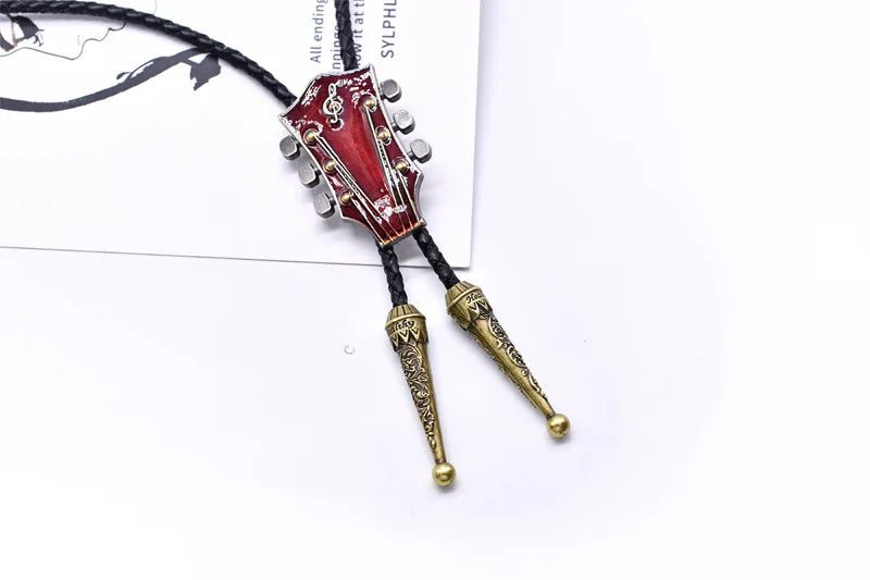 Popular guitar instrument genuine leather polo tie pendant necklace,adjustable,oil dripping technique,gift for music enthusiasts