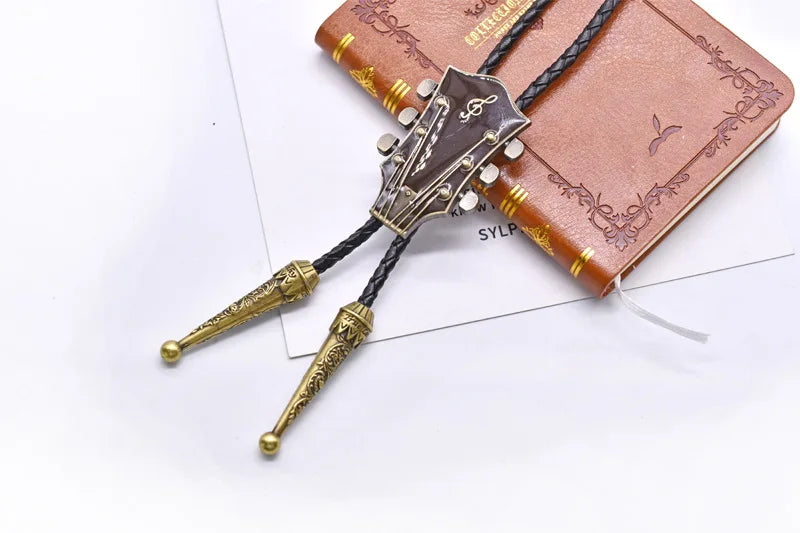 Popular guitar instrument genuine leather polo tie pendant necklace,adjustable,oil dripping technique,gift for music enthusiasts