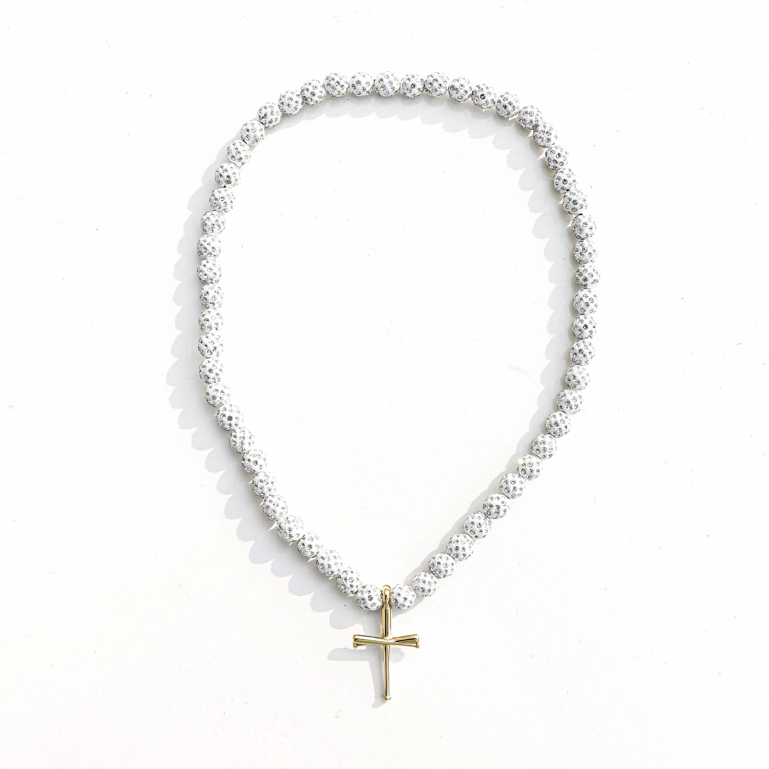 Royal Slugger Iced Out Baseball Bead Necklace | Light Blue & White