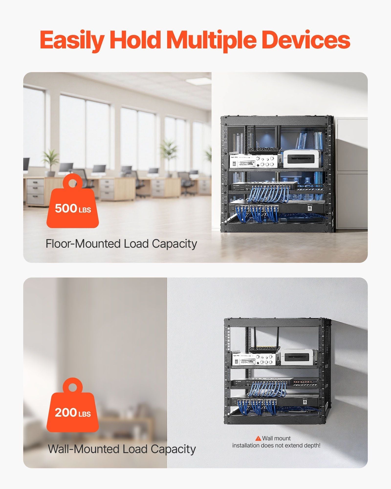 10U Open Frame Network Rack, 23 in Depth, Wall Mounted or Floor Standing Server Rack, Heavy Duty 4 Post, with Vented Shelves & Mounting Hardware, Holds All Your Networking IT Equipment AV Gear