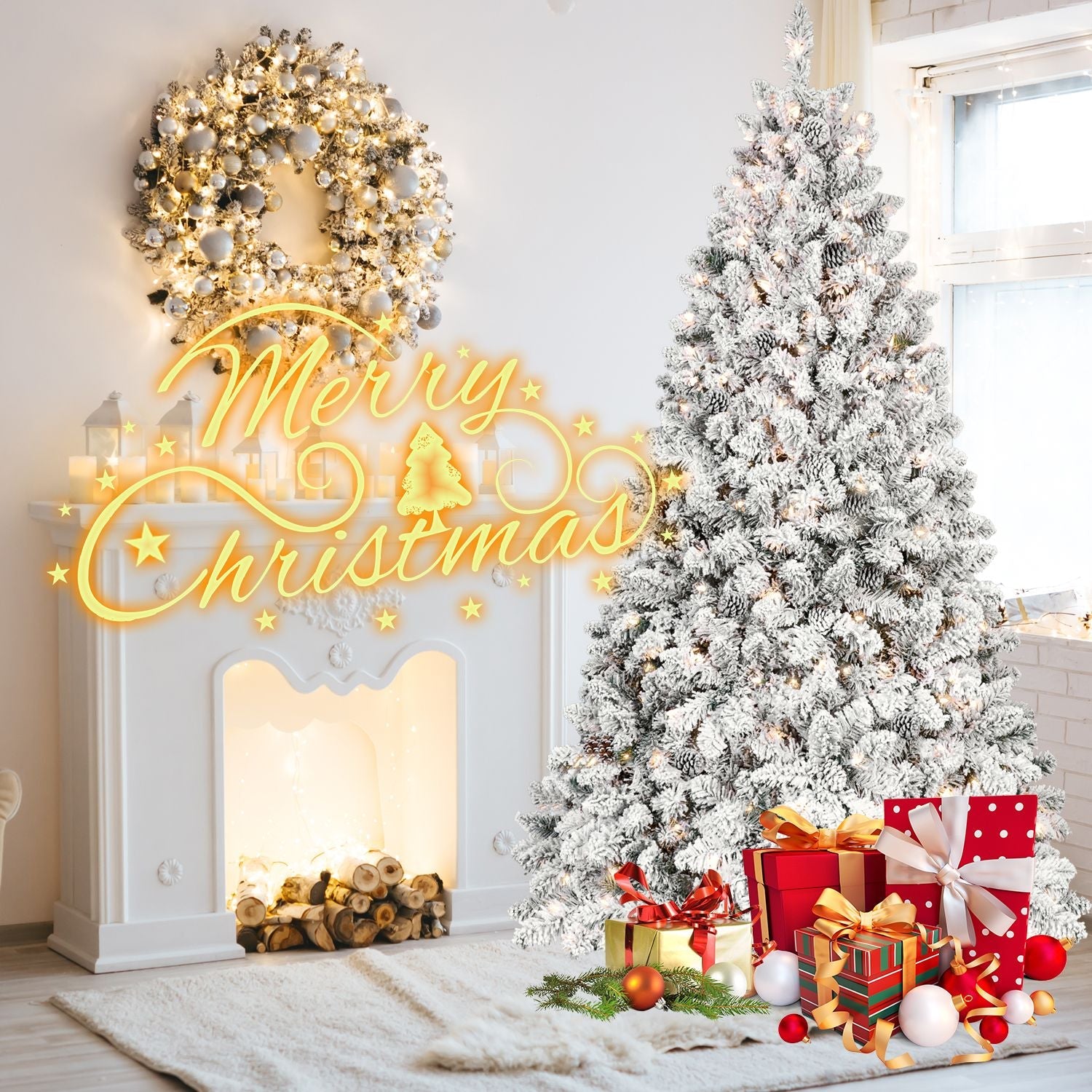 8ft Pre-lit Flocked Christmas Tree with 700 UL Lights & 54 Pine Cones & 1754 Tips Snow Frosted Artificial Xmas Tree