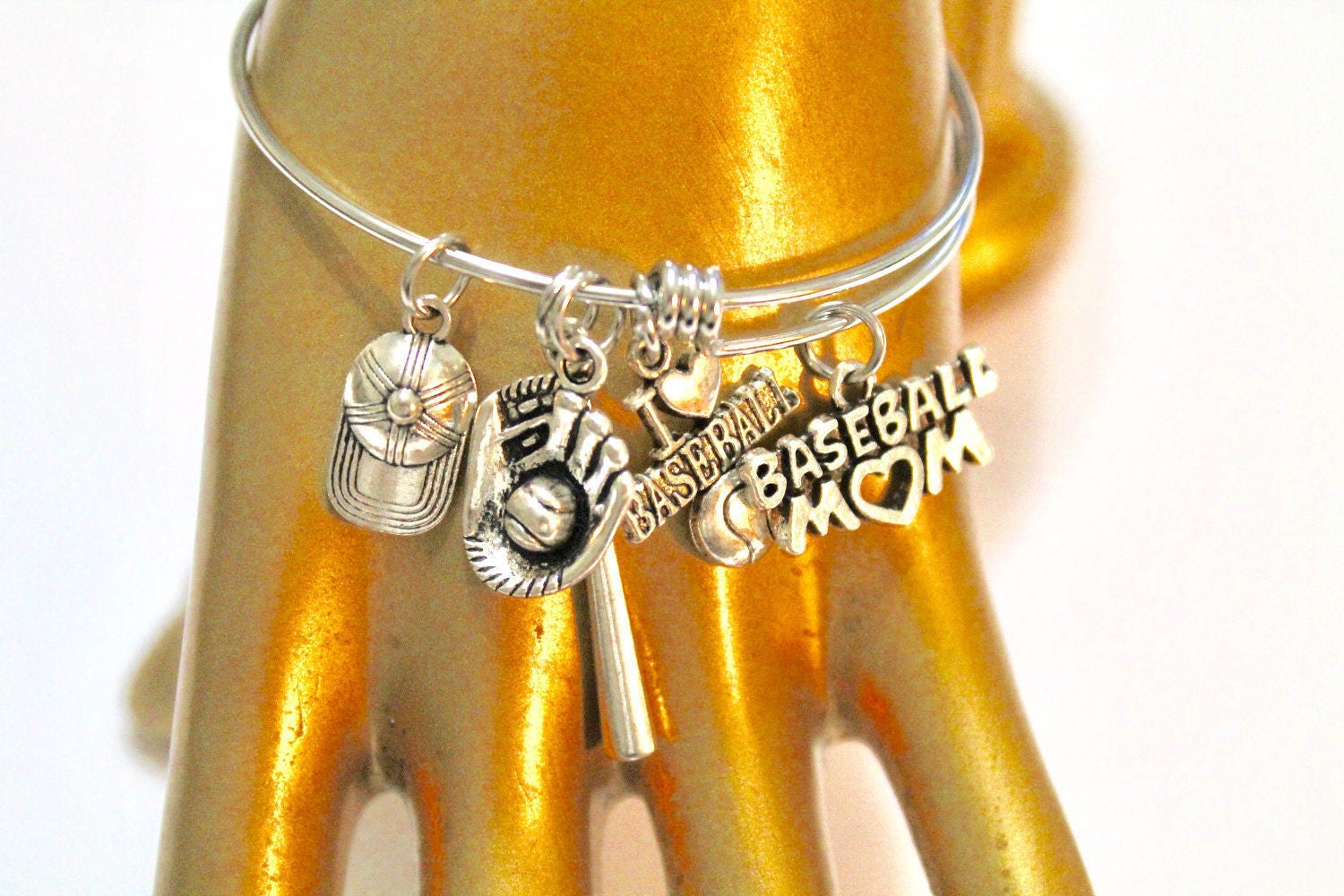 Baseball Mom Expanding Bangle Charm Bracelet, Gift for Mom, Gift for Her, Baseball Jewelry, Baseball Charms, Baseball Gift, I Love Baseball