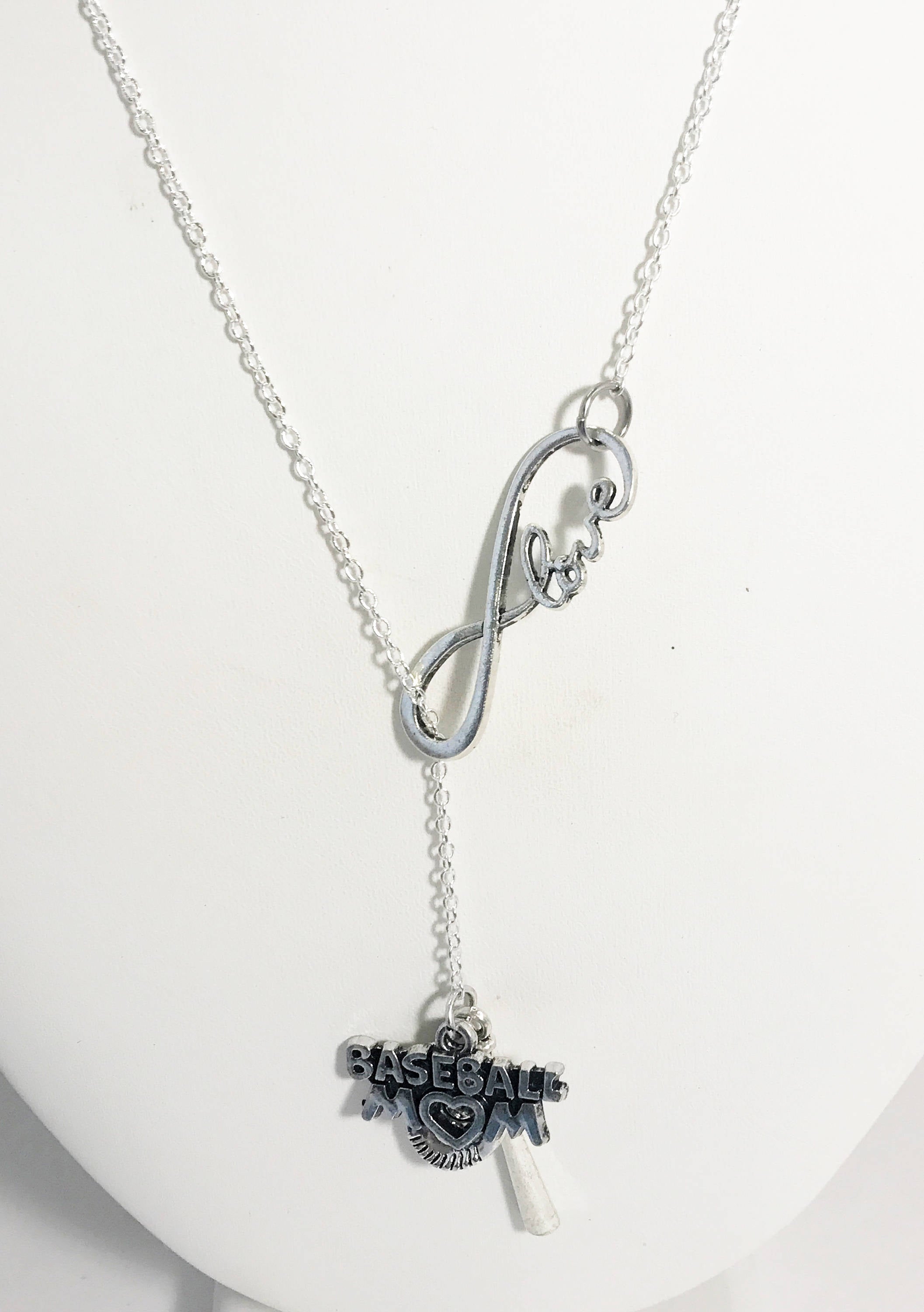 Baseball Mom Necklace, Baseball Mom Lariat Necklace, Baseball Mom Gift, Infinity Love Connector, Baseball Jewelry, Mom Valentines Day Gift