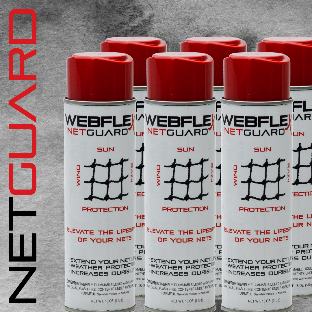 Multiple cans of NET GUARD Reconditioner spray-on solution for nets, with red caps and white labels, displayed against a grey background.