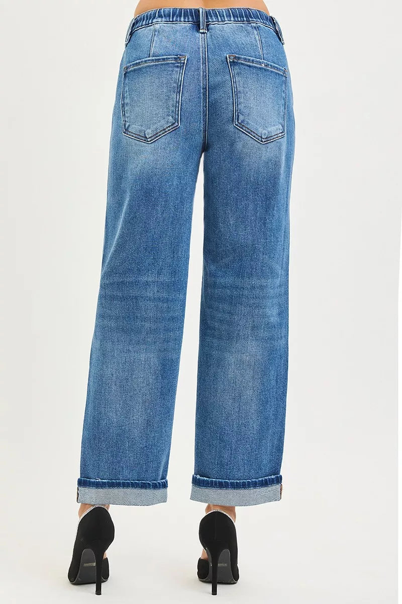 RISEN Elastic Band Slouch Ankle Boyfriend Cuffed Hem Jeans