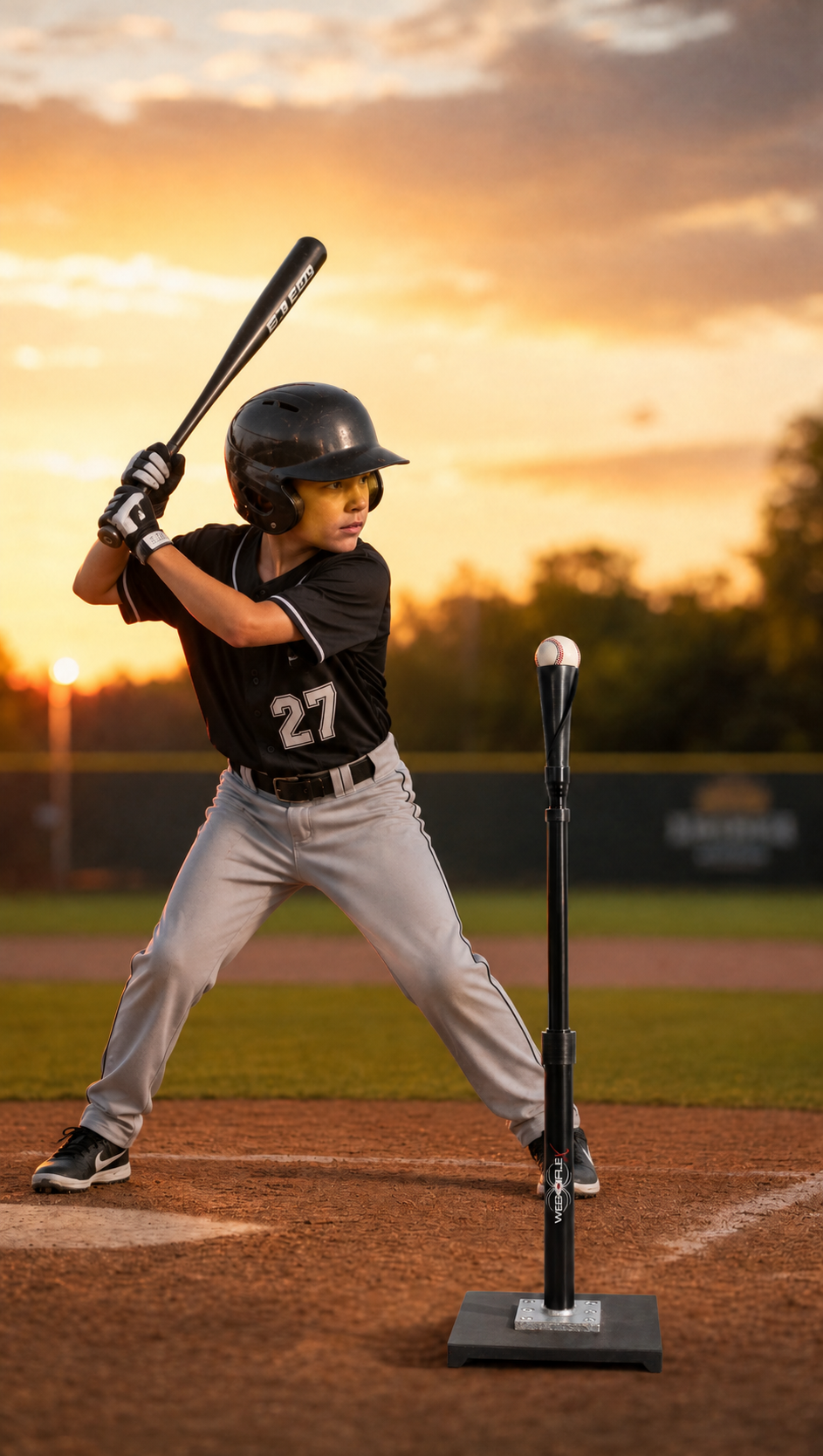 a kid hitting off of a web flex sports tee