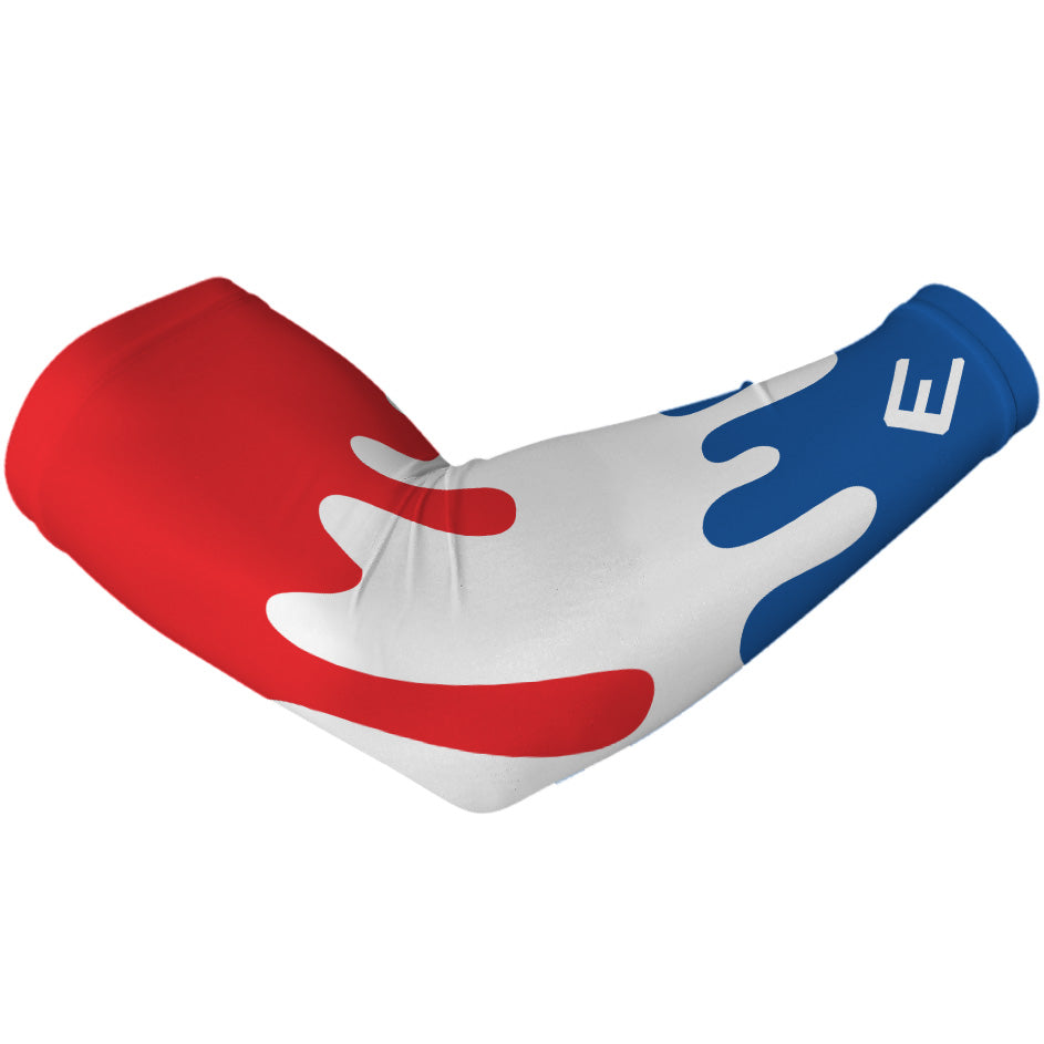 Colorful elbow pad with red, white, and blue design on a white background