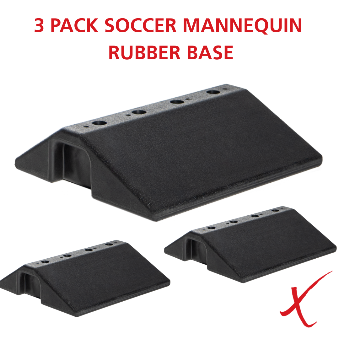 Three black soccer mannequin rubber bases with a red 'X' logo on a white background.