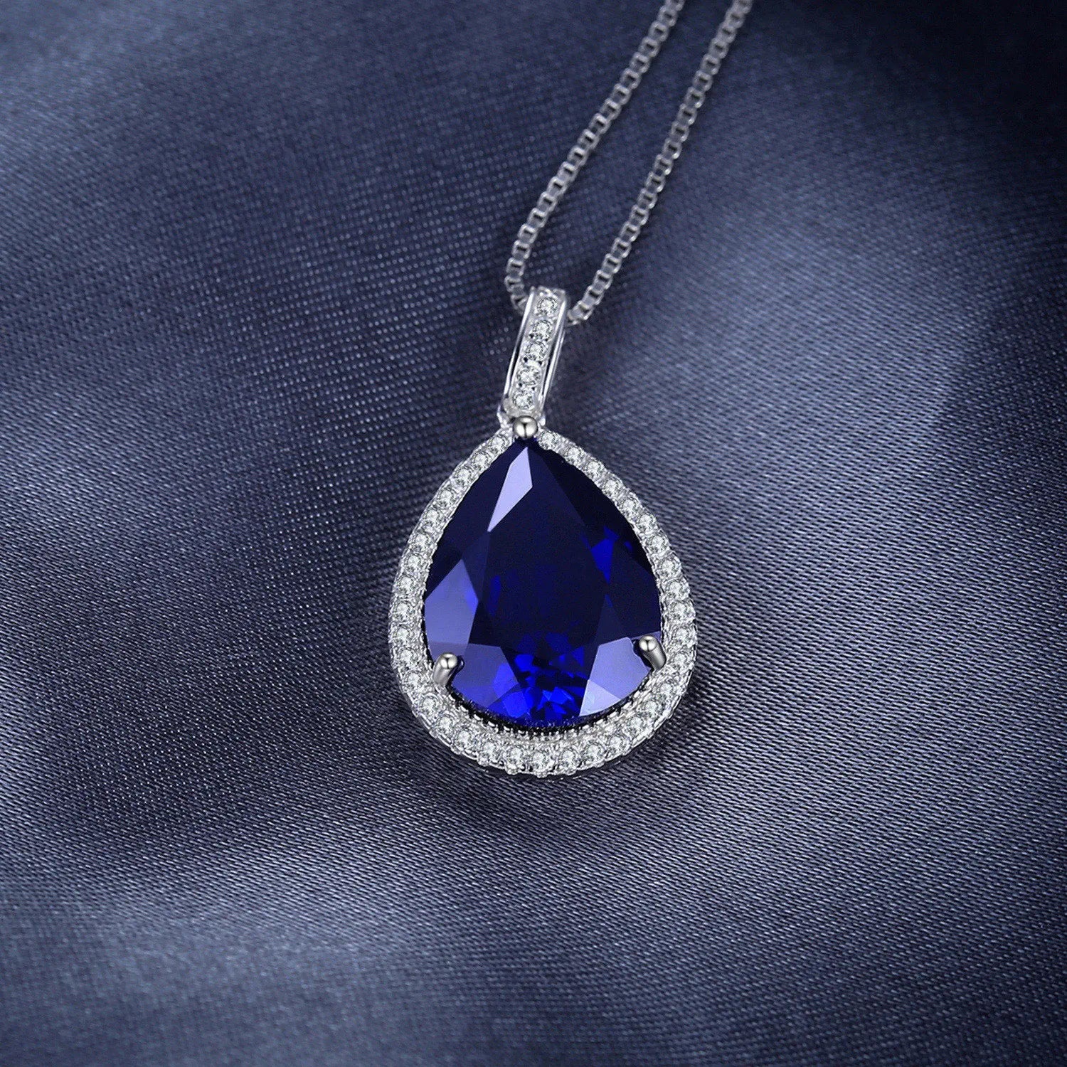 JewelryPalace 12ct  Huge Created Blue Sapphire 925 Sterling Silver Pendant Necklace for Women Gemstone Choker Without Chain
