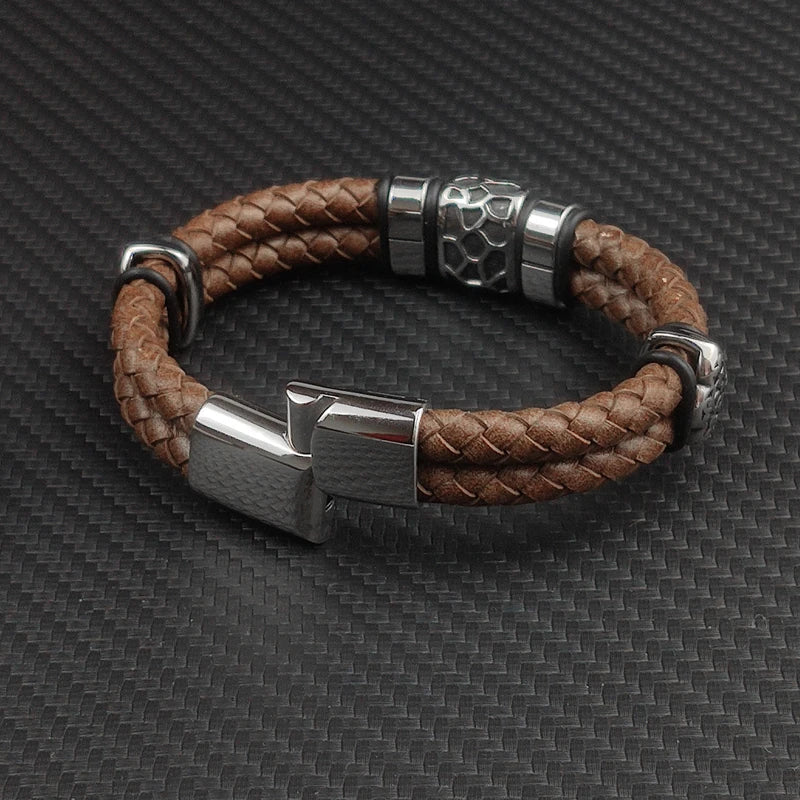 Brown Luxury 316L Stainless Steel Irregularly Cracked Man Bracelet Genuine Braided Leather Men's Jewelry