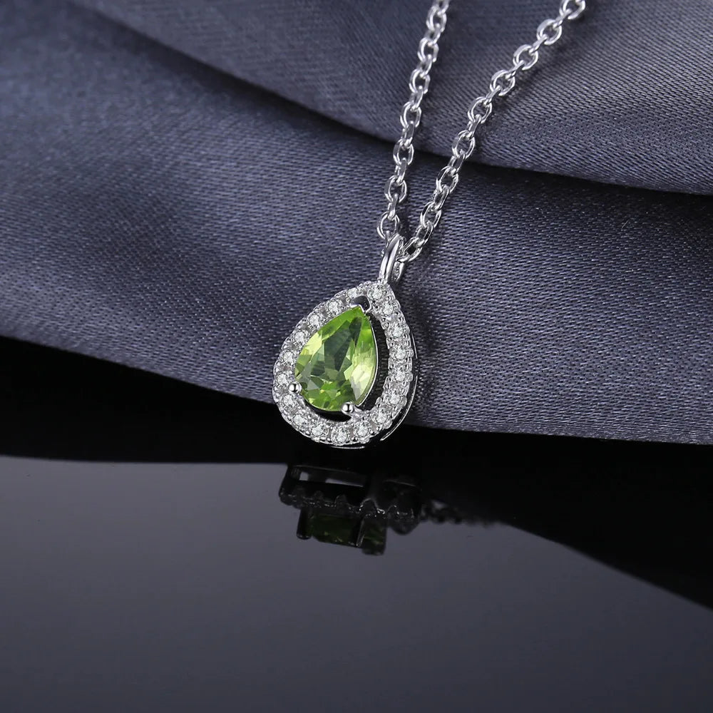 JewelryPalace Pear Natural Peridot 925 Sterling Silver Halo Pendant Necklace for Women Fashion Gemstone Fine Jewelry Gift 45cm