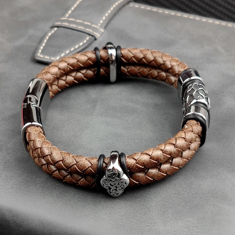 Brown Luxury 316L Stainless Steel Irregularly Cracked Man Bracelet Genuine Braided Leather Men's Jewelry