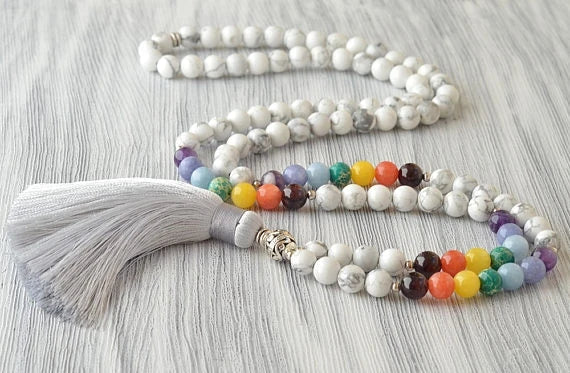 108 Angelite Mala Beads Throat Chakra Crystals Yoga Bracelet Chakra Crystals Yoga Necklace