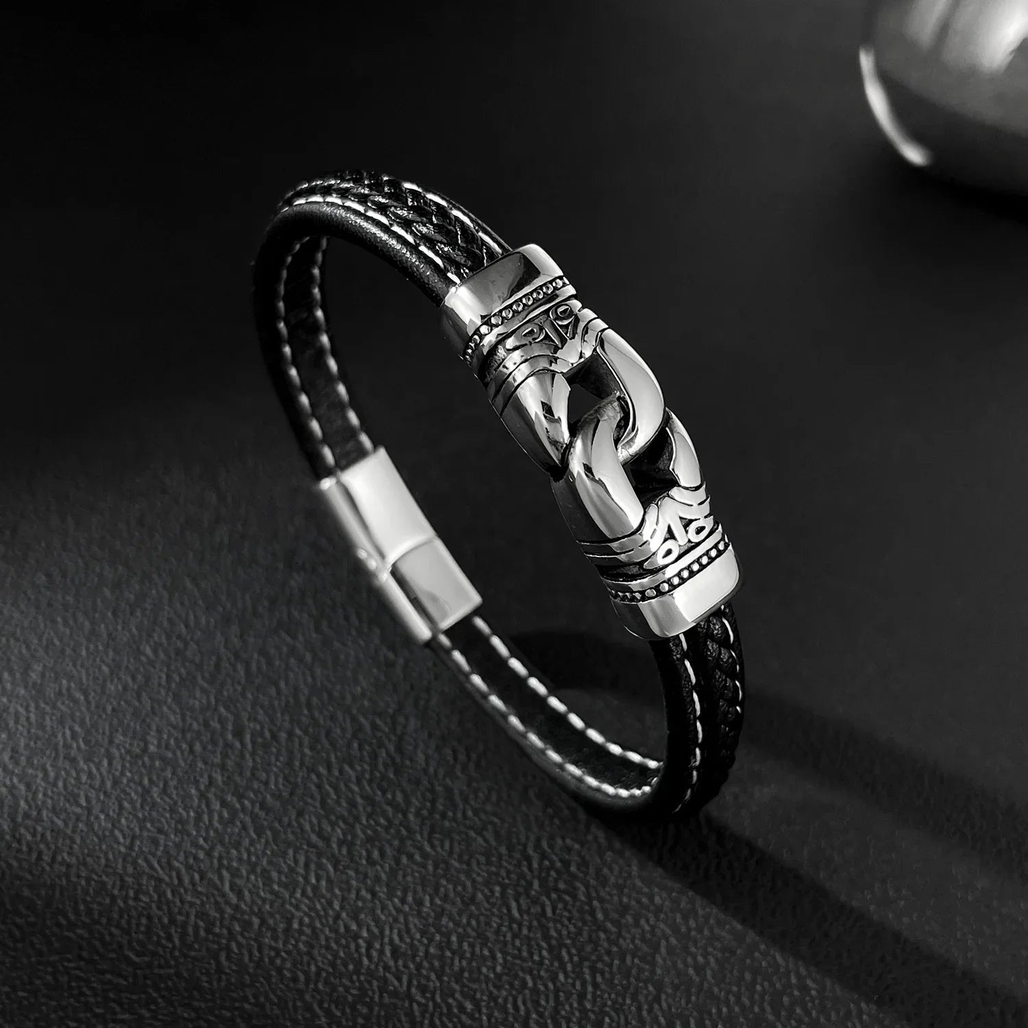Personality Wristband Leather Bracelets Punk Style Black Bracelet Man Retro Stainless Steel Yiwu Jewelry Wholesale ALN25122887