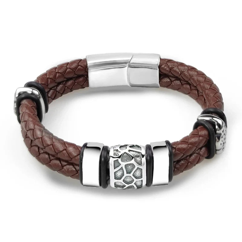 Brown Luxury 316L Stainless Steel Irregularly Cracked Man Bracelet Genuine Braided Leather Men's Jewelry