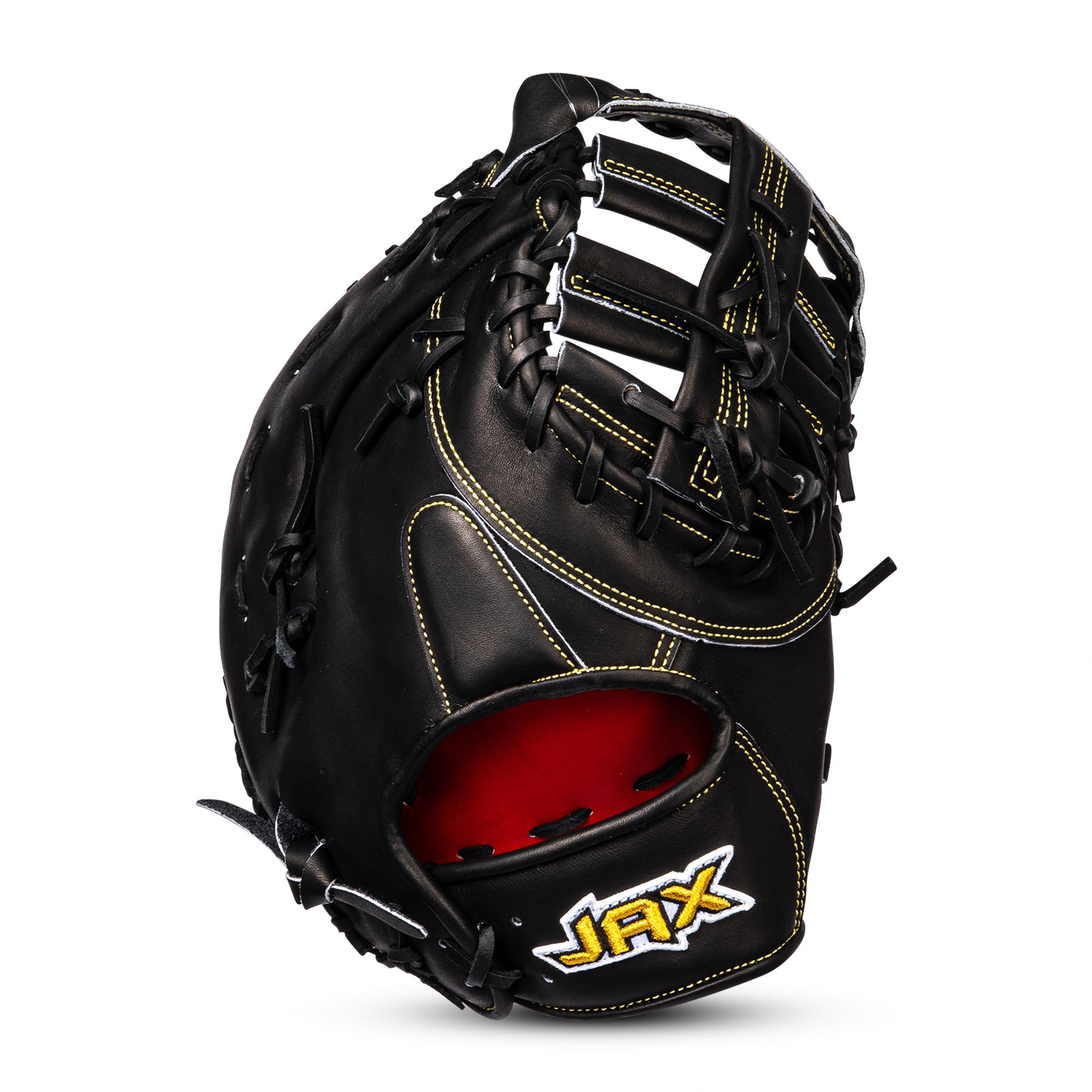 Black first base glove for baseball with red interior and 'JAX' branding on a white background