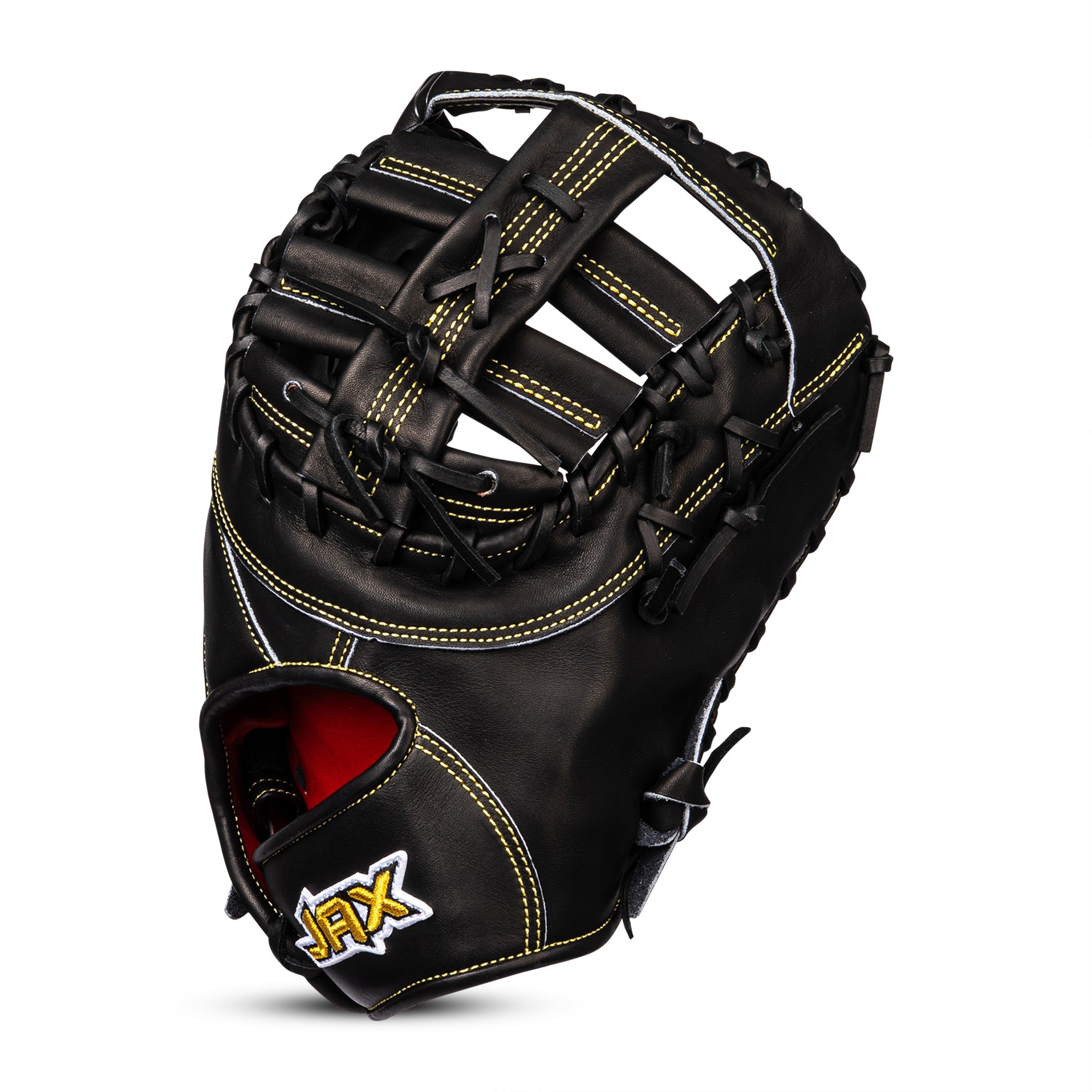 Black baseball glove with yellow stitching on a white background